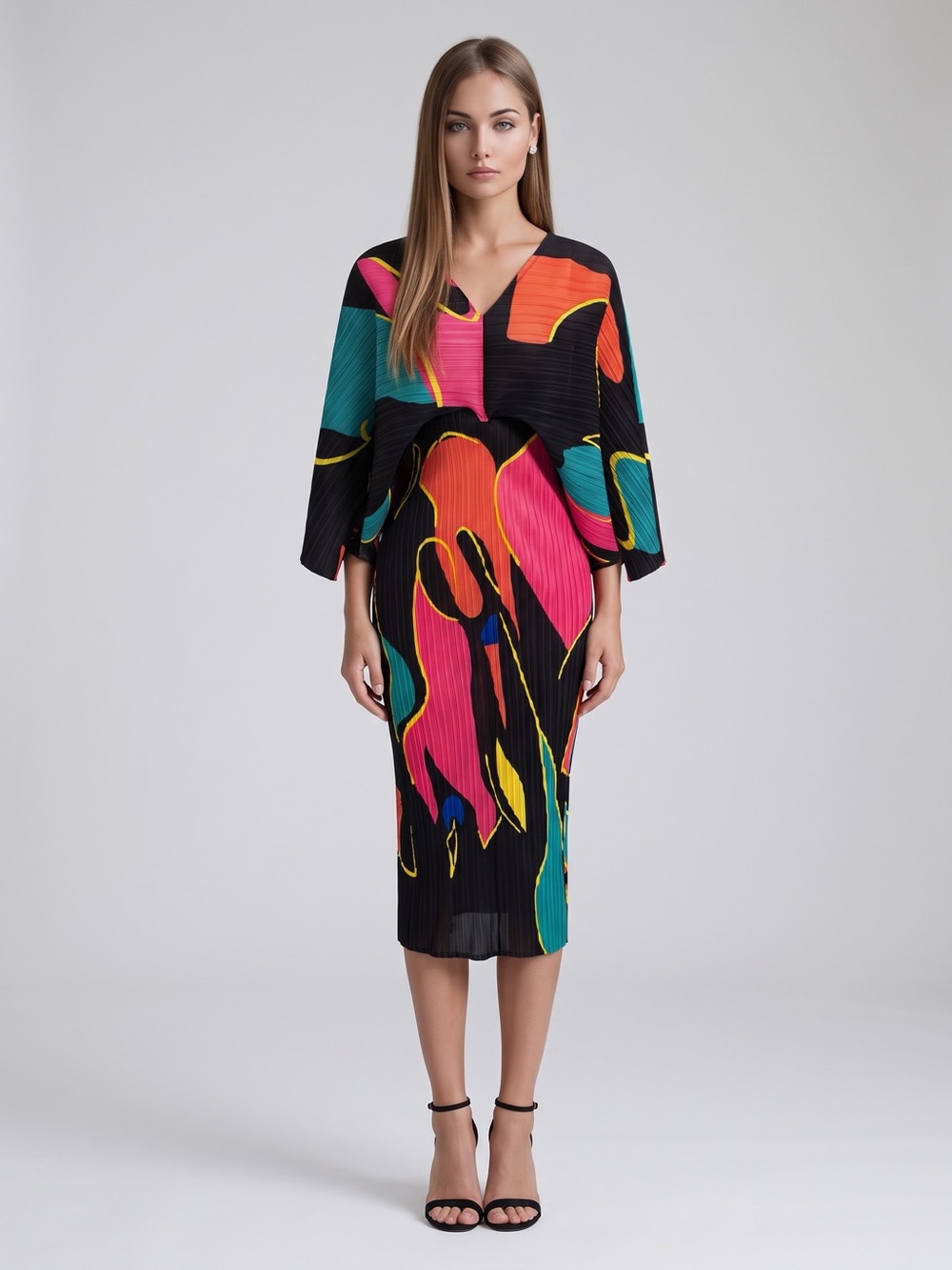 🌻NEW w/tag MICAS Color Block Print Pleated Batwing Sleeve Stretch Maxi Dress S